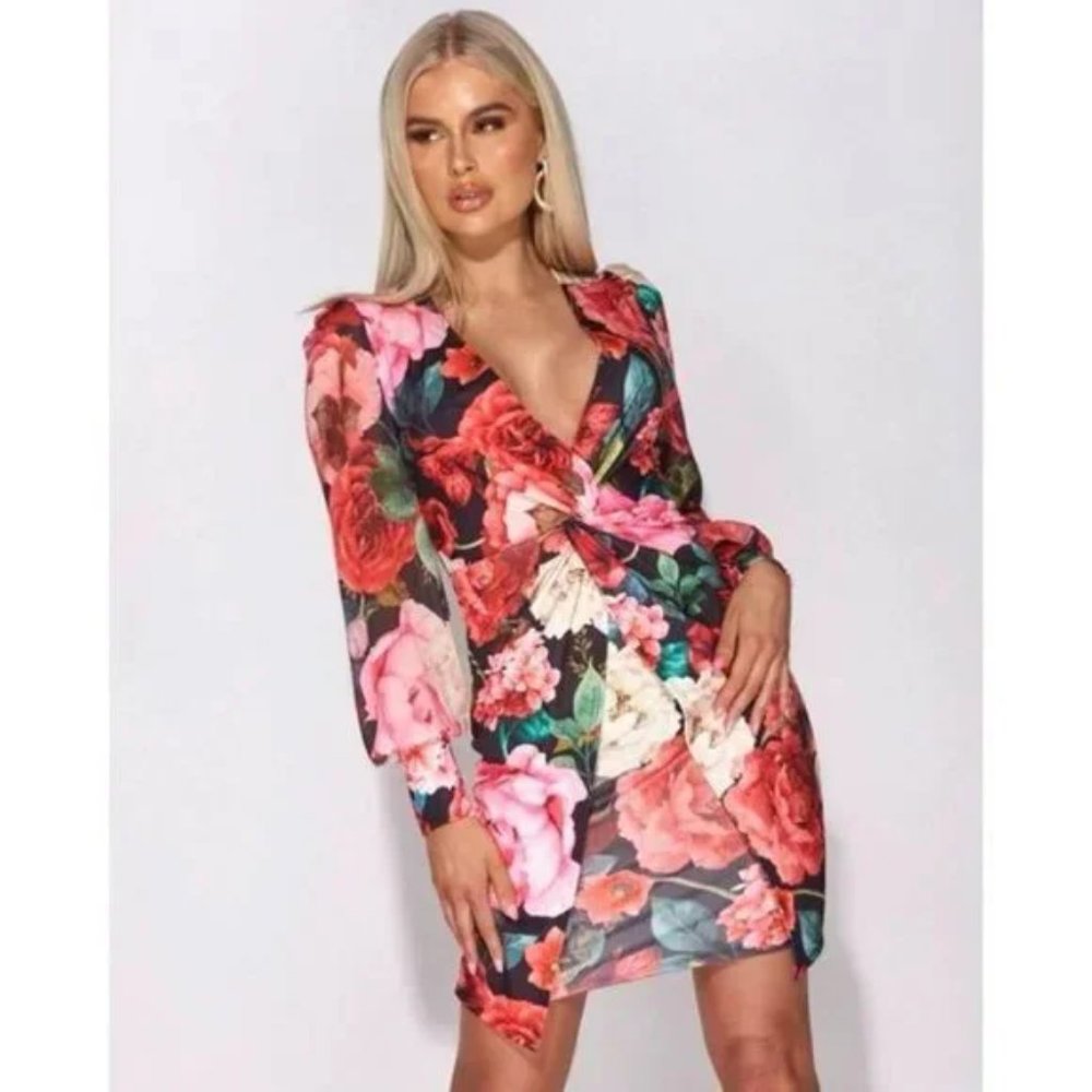 Black Floral Print Long Sleeve V-Neck Bodycon Mini Dress - Picture 13 of 13